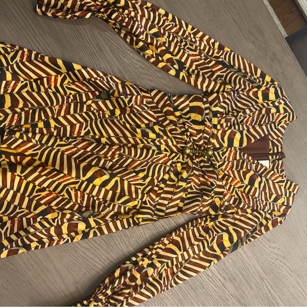 Alexis Brown and Yellow Patterned Midi Dress